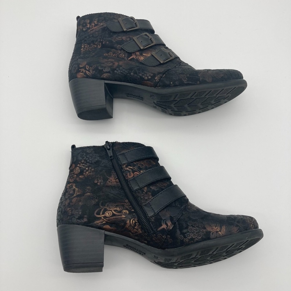 Remonte Black Floral Ankle Boots Bronze Metallic Buckle Side Zip EU 37 US 6.5-7 - Picture 4 of 13